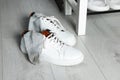 Sneakers with dirty socks on white wooden floor indoors Royalty Free Stock Photo