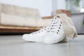 Sneakers with dirty socks on white wooden floor indoors Royalty Free Stock Photo