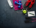 Sneakers dumbbells bottle of water apple and skipping rope Royalty Free Stock Photo