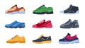 Sneakers. Flat colorful sport shoes with different shapes, trendy stylish color footwear. Vector shoes for training and