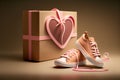 Sneakers and gift box with heart-shaped ribbon. Generative AI Royalty Free Stock Photo