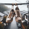 Sneakers hanging from telegraph wire