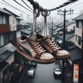 Sneakers hanging from telegraph wire