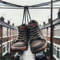 Sneakers hanging from telegraph wire