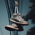 Sneakers hanging from telegraph wire