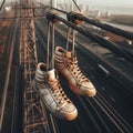 Sneakers hanging from telegraph wire