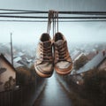 Sneakers hanging from telegraph wire