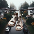 Sneakers hanging from telegraph wire