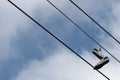 Sneakers hanging from wire Royalty Free Stock Photo