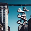 Sneakers hanging on wires in the background of houses in the city.