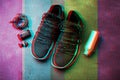 Sneakers, headphones, water bottle. The concept of the sport of life in motion. Fashionable retro wave of bright paints