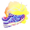 Sneakers with laces of blue-violet color on a yellow spot painted with watercolor on a white background
