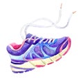 Sneakers with laces blue-violet painted watercolor on a white background