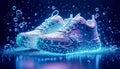 sneakers with neon bubbles on dark background. Trendy sneakers in neon light. Neon Glow Fashionable sport Footwear, Neon sneaker