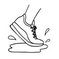 Sneakers running through puddle. Vector illustration, running concept, waterproof shoe