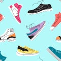 Sneakers seamless pattern. Fashion sport shoes texture, athlete store or training fabric print template. Different