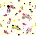 Sneakers seamless vector pattern. Bright shoes stars illustration. Hipster girl sneakers pink yellow seamless background