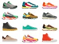 Sneakers shoes. Fitness footwear for sport, running and training. Colorful modern shoe designs. Sneaker side view cartoon icons Royalty Free Stock Photo