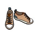 Sneakers shoes pair isolated. Hand drawn illustration of brown beige shoes. Sport boots hand drawn for logo, poster