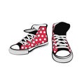 Sneakers shoes pair isolated. Hand drawn vector illustration red shoes white polka dots. Sport boots hand drawn for logo Royalty Free Stock Photo