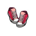 Sneakers shoes pair isolated. Hand drawn vector illustration of red shoes. Sport boots hand drawn for logo, poster, postcard