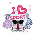 Sneakers shoes pair isolated. lettering I love Sport pink heart.