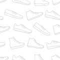 Sneakers shoes vector background seamless repeating pattern. Men and women sport footwear. Thin line style. Editable template. Royalty Free Stock Photo