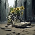 Sneakers and sunflowers on the street. Toned.