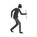 Sneaking thief in black clothes standing with the crowbar in hand. Vector illustration in flat cartoon style. Royalty Free Stock Photo