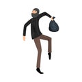 Sneaking thief in black mask with a bag of money. Vector illustration in flat cartoon style.