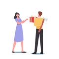 Sneaky Insincere Man Holding Axe Giving Gift Present Box to Woman. Husband Hiding His True Feelings From Trusting Wife