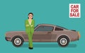 Sneaky tough guy selling old used car on car sale market. Royalty Free Stock Photo