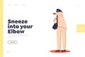 Sneeze into elbow landing page concept with cartoon woman covering face with hand Royalty Free Stock Photo