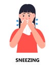 Sneezing, cough girl icon vector. Flu, cold, coronavirus symptom is shown. Woman sneeze in hands taking wipe. Infected