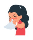 Sneezing girl. Kid blows nose into handkerchief. Respiratory illness symptom, character coughing and catching flu Royalty Free Stock Photo