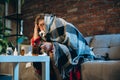 Cropped portrait of young sick boy having cold and flu, allergy. Running nose, sneezing. Home isolation Royalty Free Stock Photo