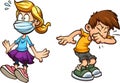 Boy sneezing and scared girl wearing a face mask