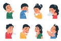 Sneezing kids. Cartoon boys and girls characters coughing and catching flu, coronavirus disease symptoms and prevention