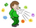 Sneezing man with germs