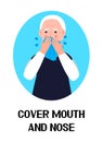 Sneezing man icon vector. Flu, cold, coronavirus symptom is shown. Senior man sneeze in hands taking wipe. Infected person