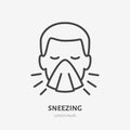 Sneezing man line icon, vector pictogram of flu or cold symptom. Man covering cough with napkin illustration, sign for
