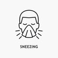 Sneezing man line icon, vector pictogram of flu or cold symptom. Man covering cough with napkin illustration, sign for medical Royalty Free Stock Photo