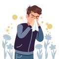 Sneezing man. Spring allergy, symptom sickness runny, itchy and sneeze, cough and lacrimation, healthcare problems flat Royalty Free Stock Photo