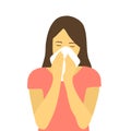 A woman in pink dress sneezing in handkerchief. Sick woman sneeze. Season allergy.