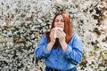 Sneezing young redhead woman with nose wiper among blooming trees in park. Portrait of sick women sneezes in white