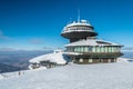Snezka summit hut in sunny winter day, Krkonose mountains, Czech republic