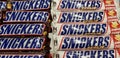 Snicker chocolate bar in grocery store