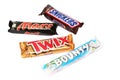 Snickers Mars Twix and Bounty chocolate bars on white background - ciocolata Royalty Free Stock Photo