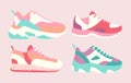 Snickers shoes vector illustration. Cartoon flat collection of man woman fashion footwear in different colors, sneakers