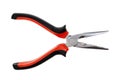 snipe-nose pliers with red and black rubber handle